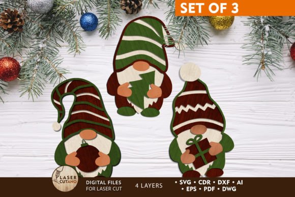 Download GNOMES CHRISTMAS ORNAMENTS SET, Wood Cut - Christmas ornaments Collection